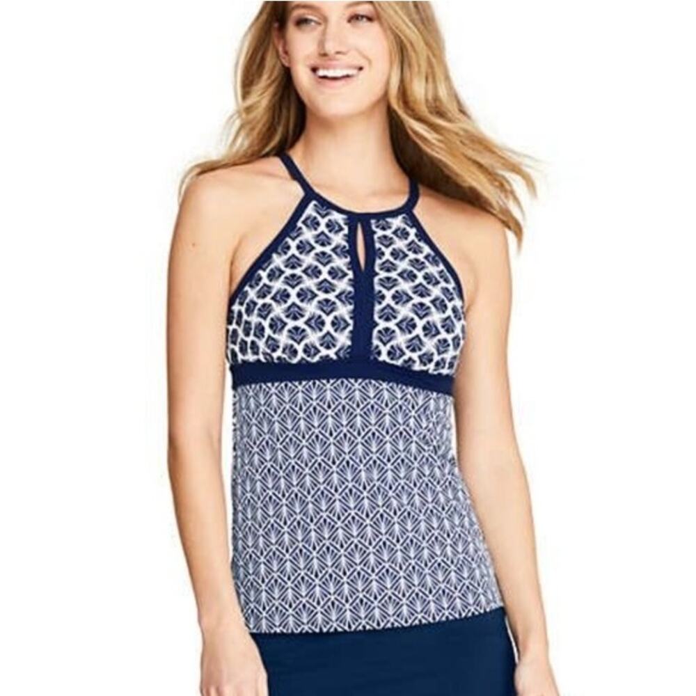Lands End Keyhole Tankini Blue White Print Padded Size 6 Tall